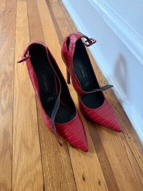Red Croc-Embossed Pointed Mary Jane Pumps - Women's